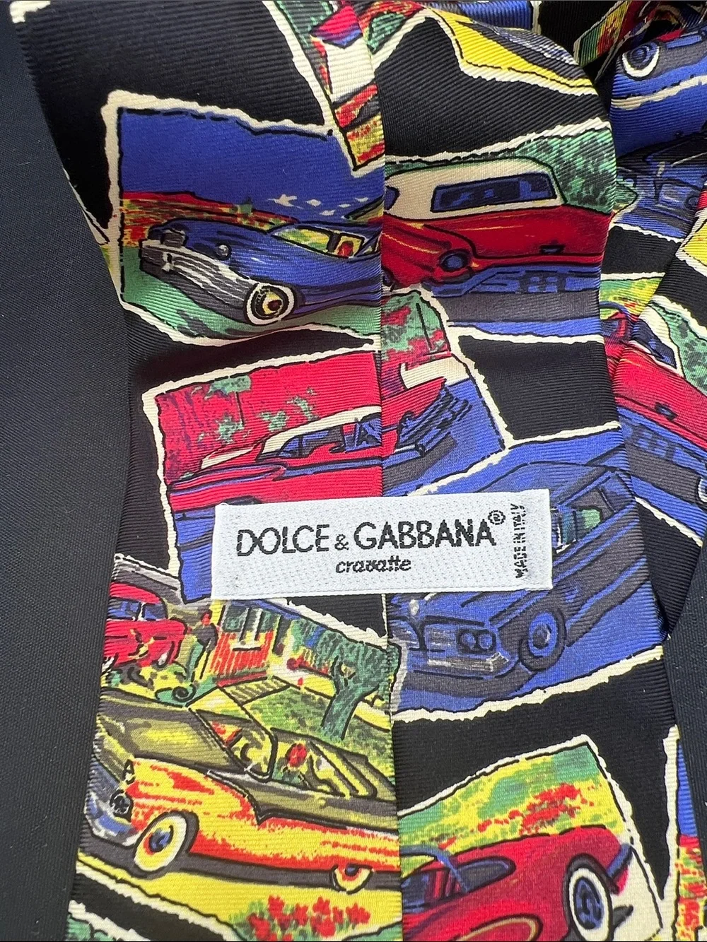 Dolce & Gabbana Black Tie with Multicolor Vintage Car Print Pin up girl necktie